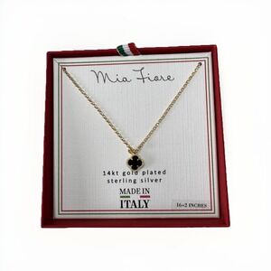 New Mia Fiore Necklace, 14k Gold Plated Italy Diamond Black Clover 16+2" NWT